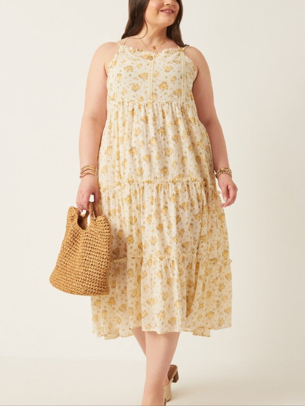 NWT Floral Cream and Yellow Plus Size 2XL Boho Strappy Midi Dress